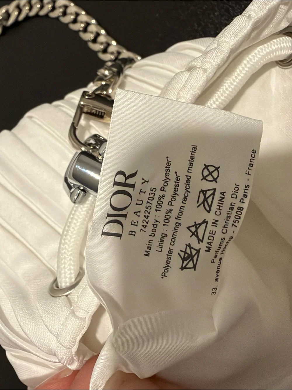 Dior Beauty White Pleated Drawstring Pouch Bag + Added Chain Strap
